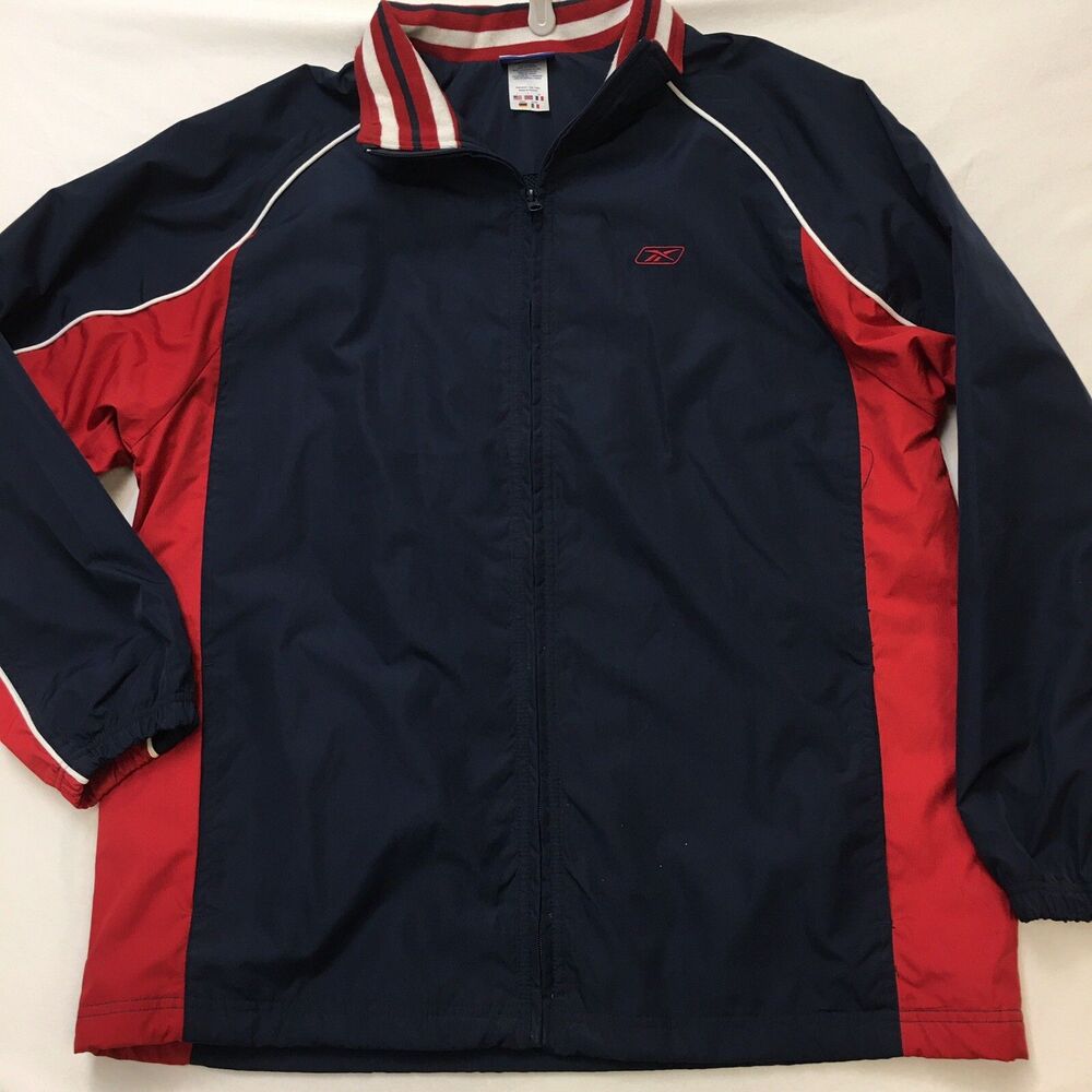 90s REEBOK Windbreaker Jacket Mens L Red Blue Zip Rip Stop Mesh Raglan Vintage